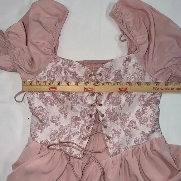 Fairycore Coquette Corset Lace Up Pink Mini Dress Puff Sleeve Cottagecore  Large - Picture 12 of 13